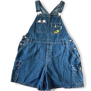 Warner Bros. Denim Jean Short Overalls with Sylvester & Tweety
